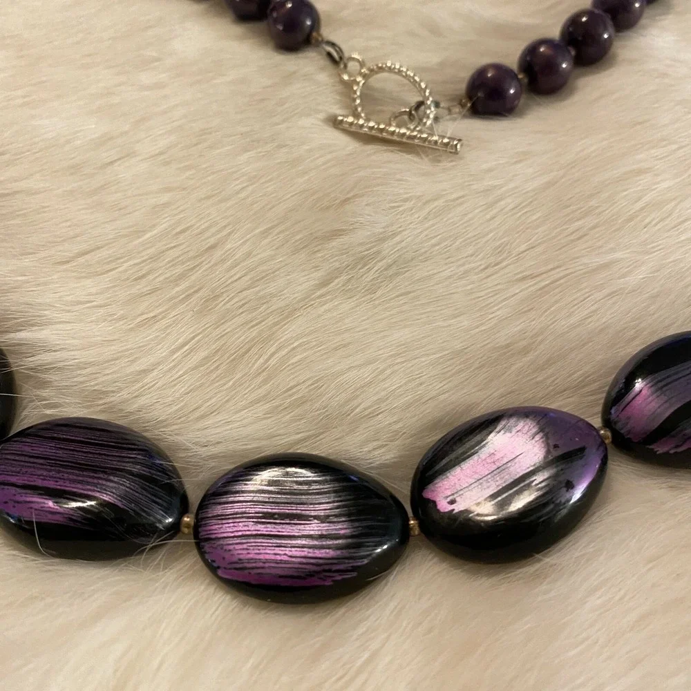 Retro Metallic Purple Necklace Painted Black Beads Y2K Disco Fairy Boho 4785